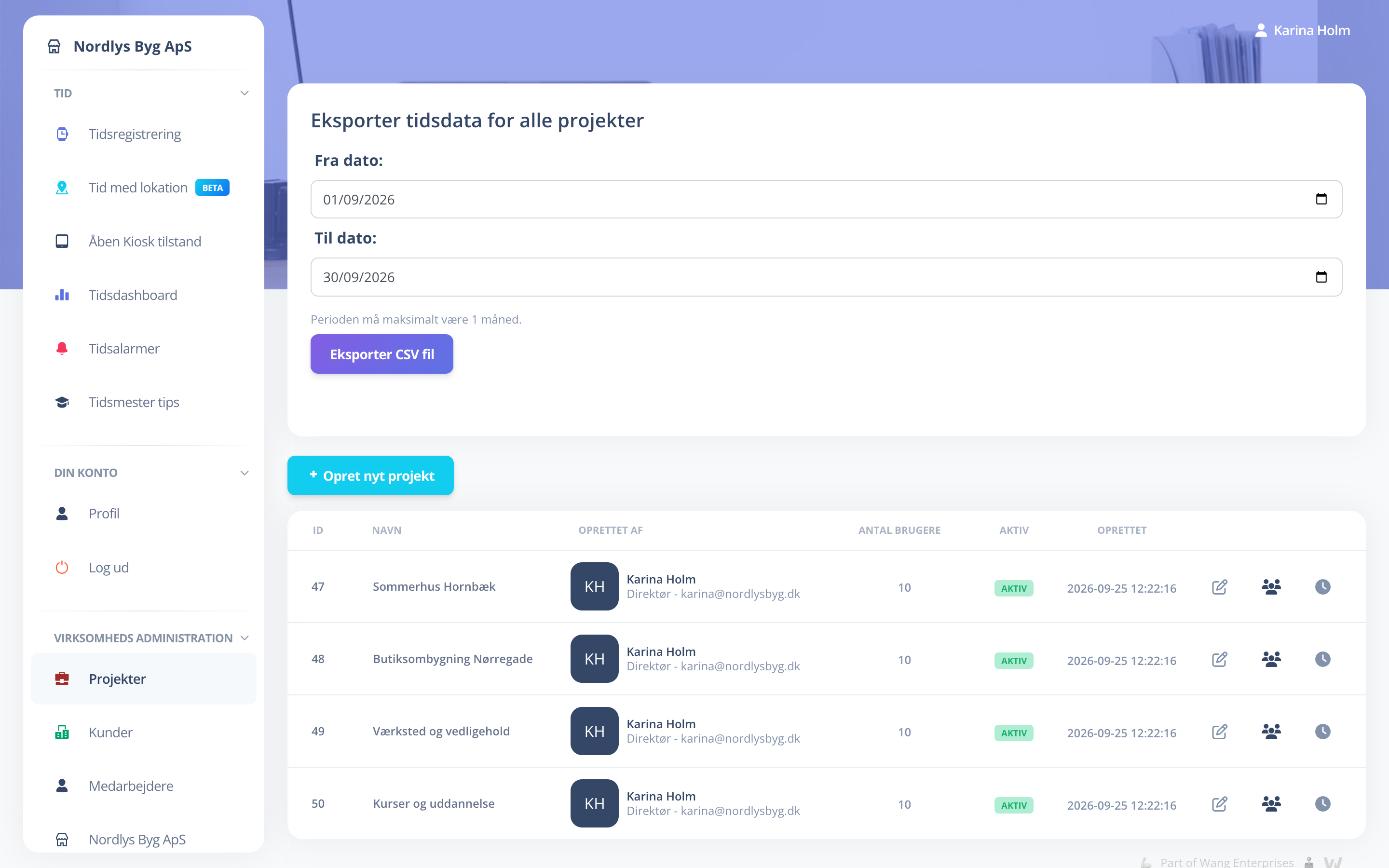 Projekter med eksport af tidsdata
