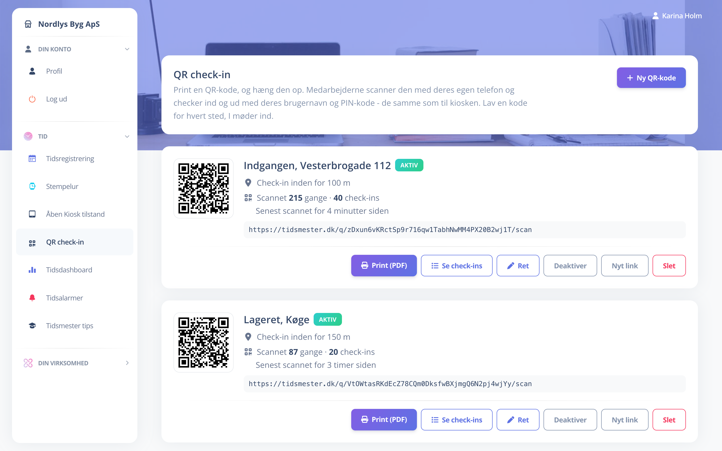 QR-koder til check-in med antal scanninger og check-ins