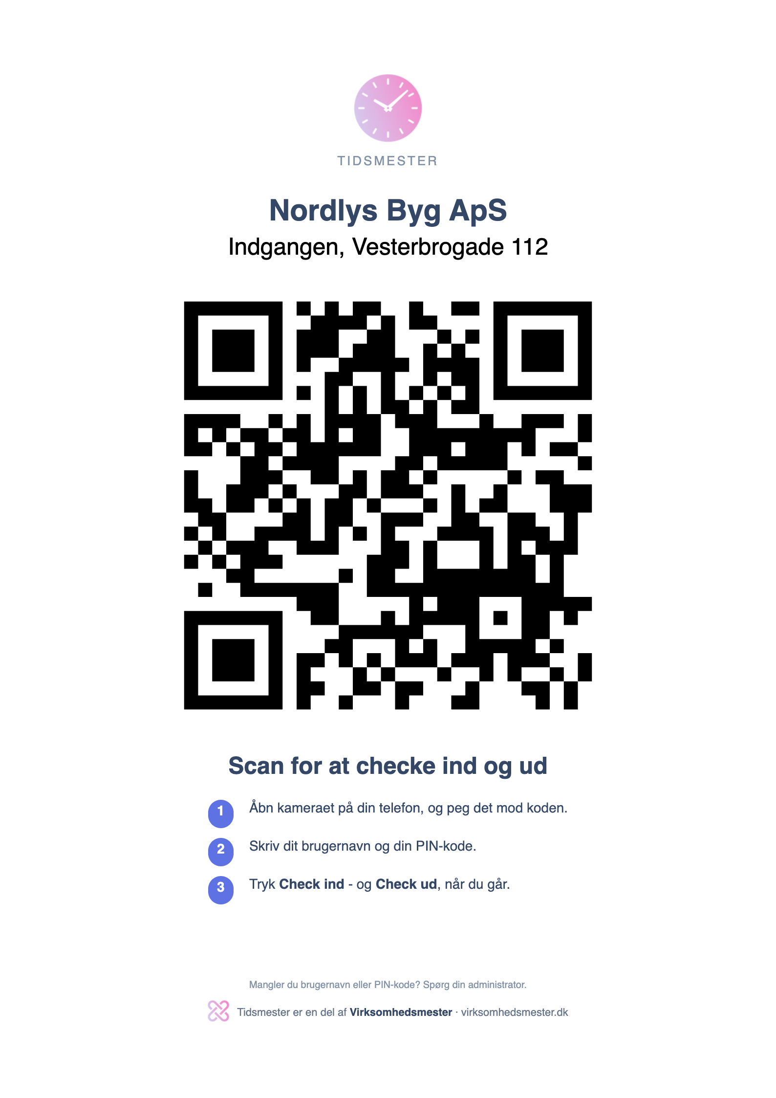 QR-kode til check-in printet på A4 med firmanavn og sted