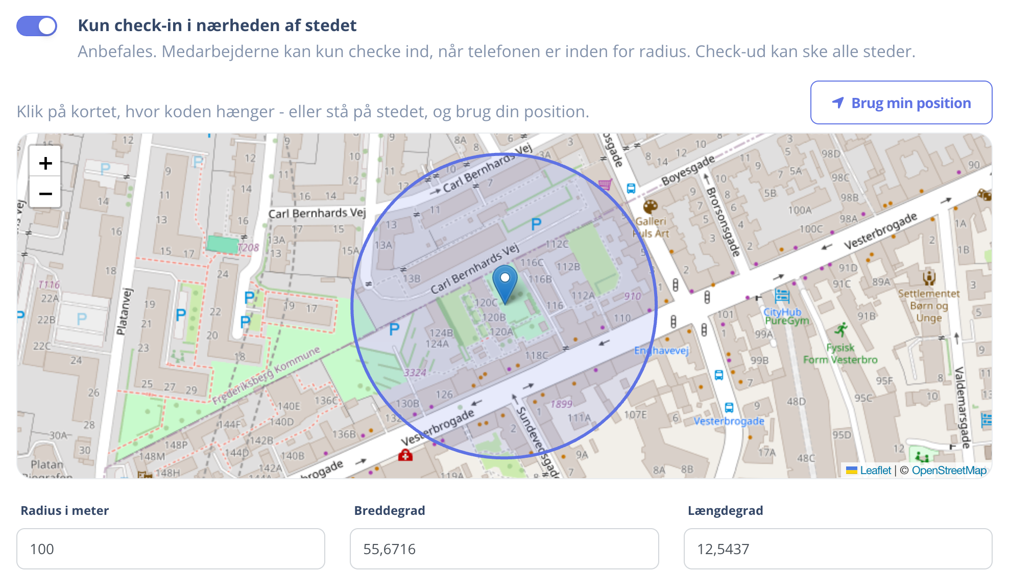 Kort med radius omkring stedet, hvor koden hænger